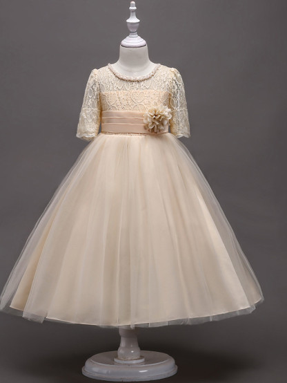 Princess Tea Length Wedding / First Communion Flower Girl Dresses - Lace / Satin / Tulle Half Sleeve Jewel Neck With Lace / Belt / Beading