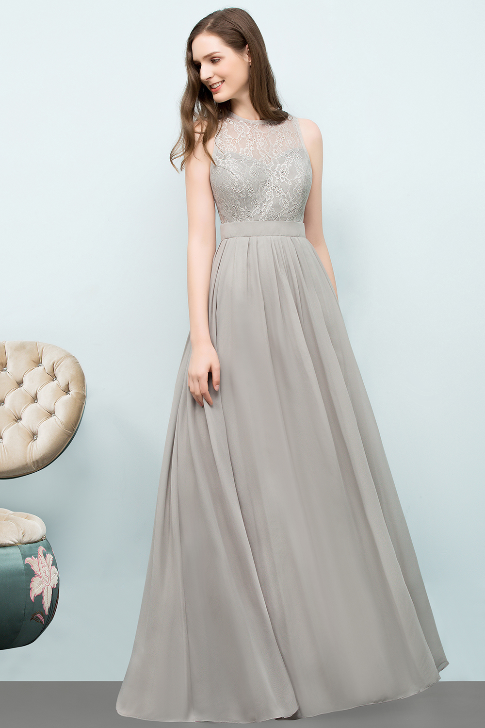 Long Chiffon Lace A-line Floor Length Bridesmaid Dress
