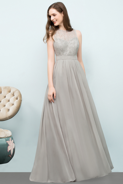 Long Chiffon Lace A-line Floor Length Bridesmaid Dress