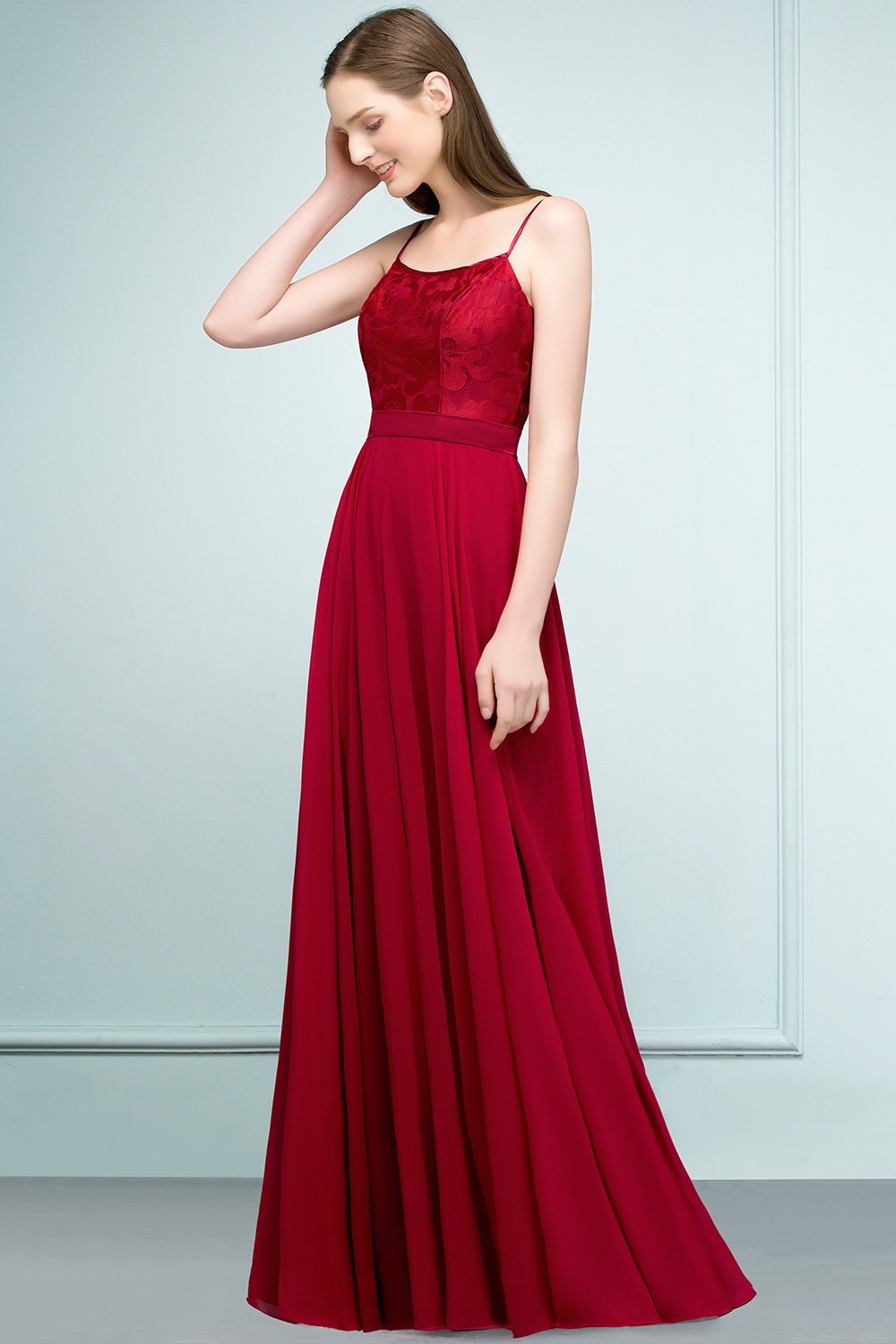 Long Chiffon A-line Lace Burgundy Evening Formal Dress