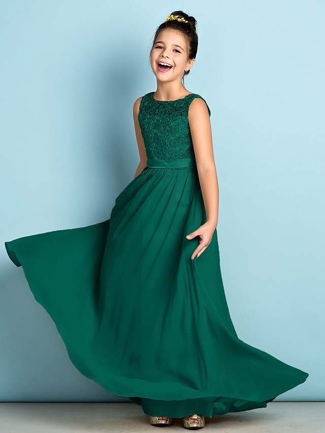 A-Line Scoop Neck Floor Length Chiffon / Lace Junior Bridesmaid Dress With Lace / Natural / Mini Me
