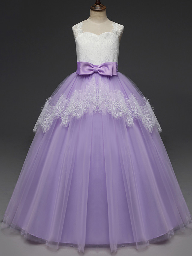 Long A-line Tulle Lace Sleeveless Flower Girl Dresses with Bow