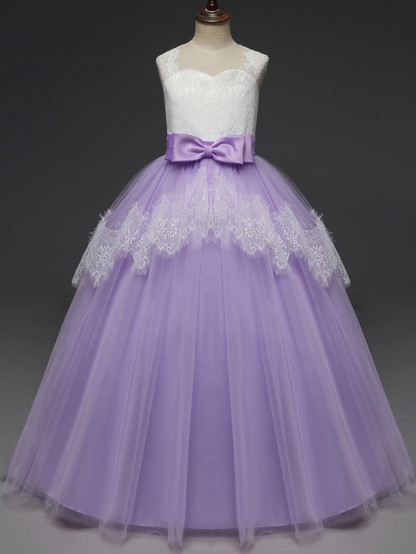 Long A-line Tulle Lace Sleeveless Flower Girl Dresses with Bow