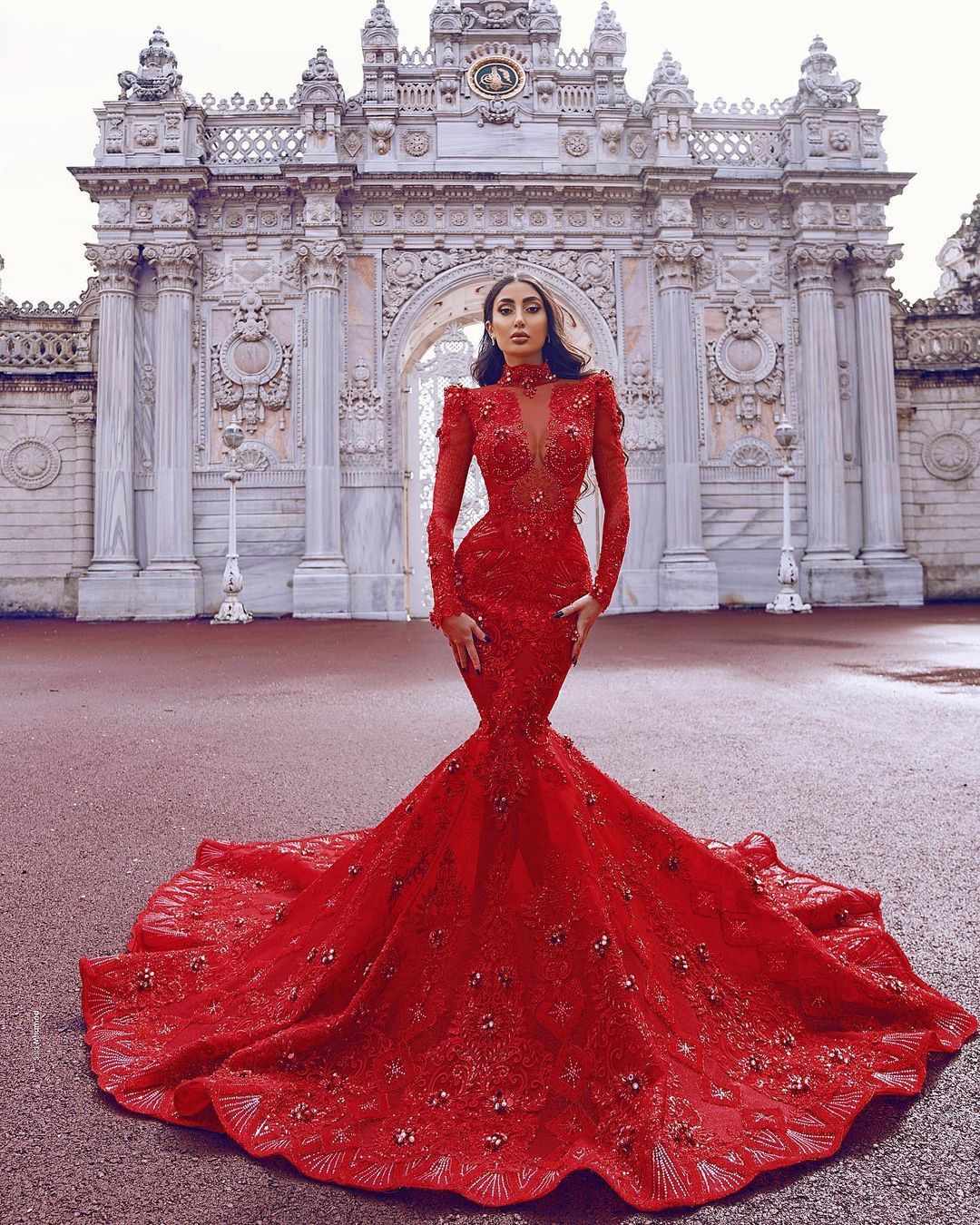 Charming High Neck Long Sleeves Appliques Mermaid Prom Dress