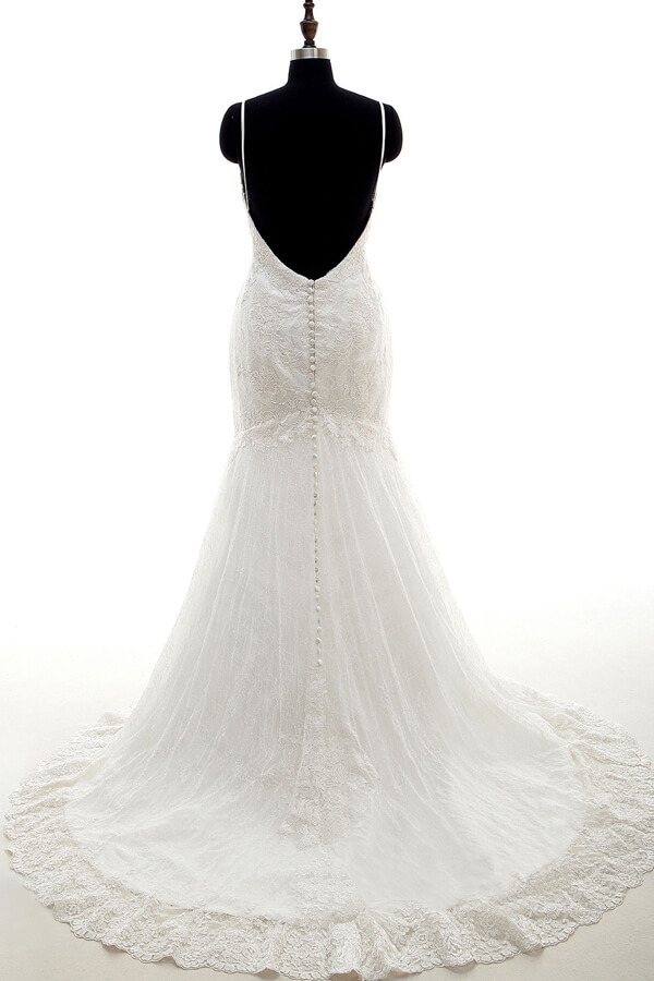 Long Sweetheart Appliques Spaghetti Strap Mermaid Wedding Dress