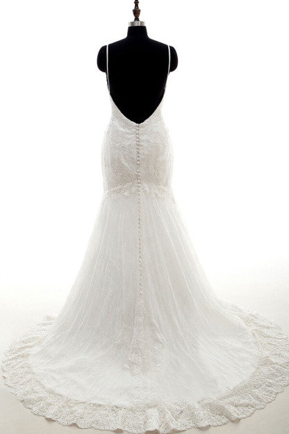 Long Sweetheart Appliques Spaghetti Strap Mermaid Wedding Dress