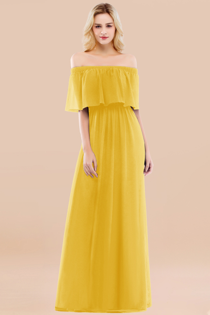 A-line Chiffon Off-the-Shoulder Short-Sleeves Ruffles Floor-length Bridesmaid Dress