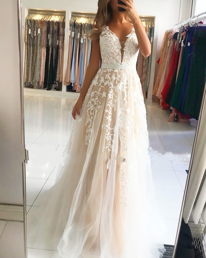 Delicate V-neck Open Back Lace Floor-length A-Line Ruffles Prom Dress