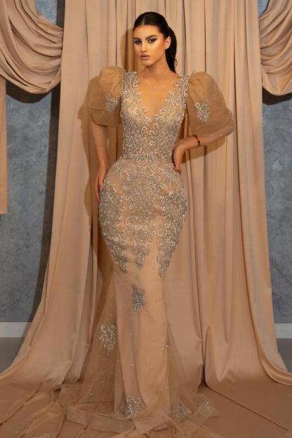 Modern Long Mermaid V-neck Tulle Lace Prom Dress with Puffy Sleeves