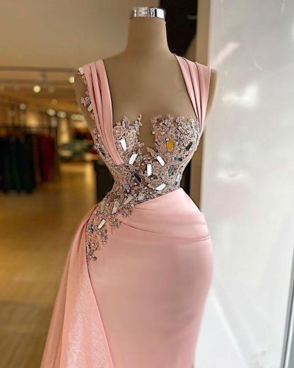 Simple Long Mermaid Wide Straps Crystal Ruffles Prom Dress with Beading