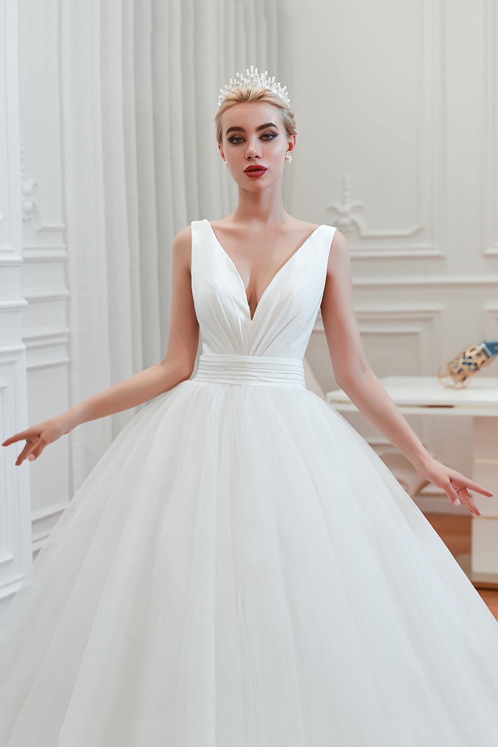 Long A-Line Tulle Wide Straps Deep V-neck Floor-length Wedding Dress
