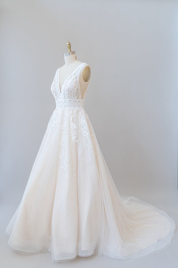 Elegant Long V-neck Appliques Lace Tulle A-line Wedding Dress