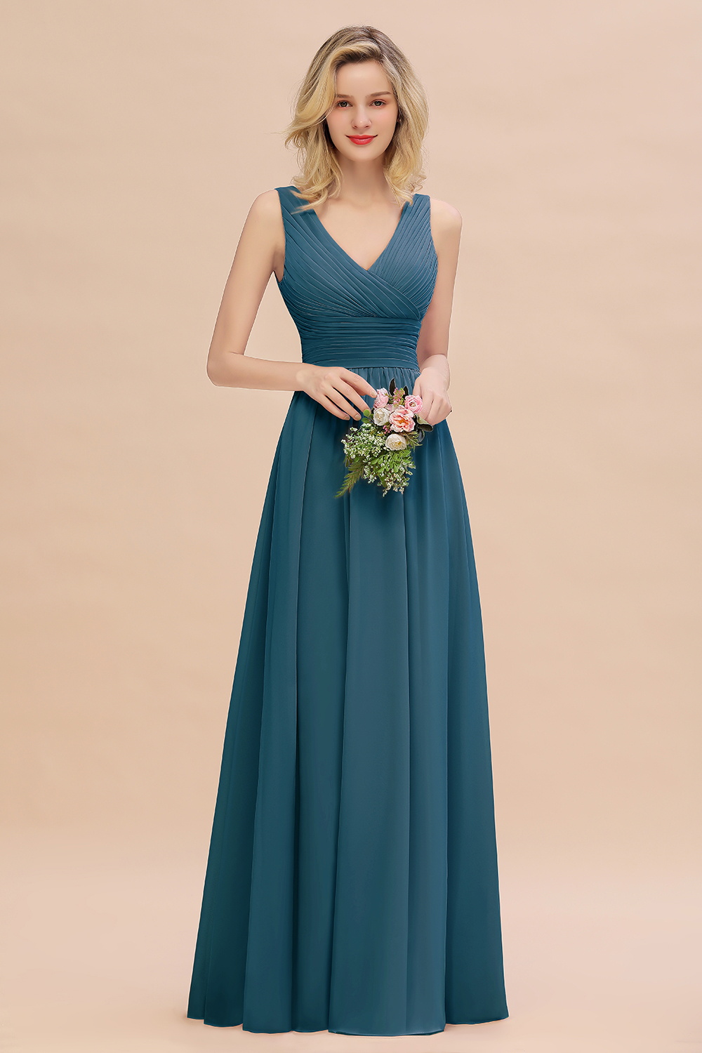 Elegant A-line V-Neck Ruffles Long Bridesmaid Dress