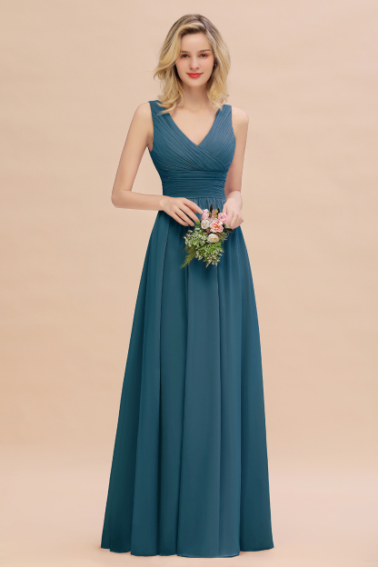 Elegant A-line V-Neck Ruffles Long Bridesmaid Dress