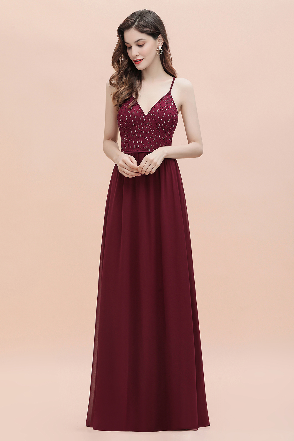 Long V-Neck Spaghetti Straps A-line Chiffon Burgundy Bridesmaid Dress