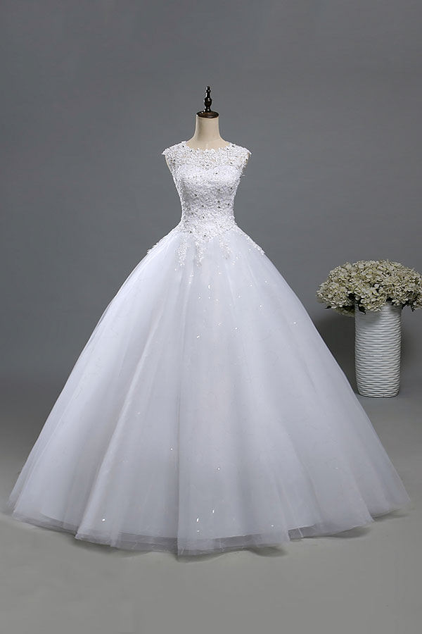 Long Ball Gown Lace-up Appliques Lace Tulle Wedding Dress
