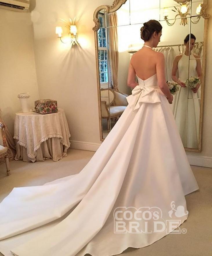 Simple Long A Line Halter Satin Backless Sleeveless Wedding Dress with Bow