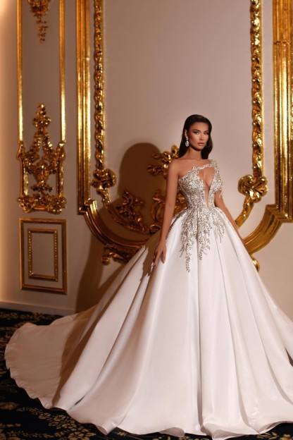 Long Ball Gown One Shoulder Satin Beading Wedding Dresses with Sleeves