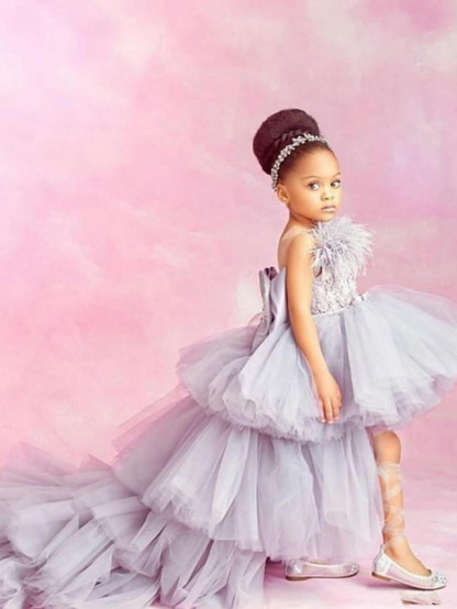 A-Line Chapel Train Wedding / Party Flower Girl Dresses - Poly Sleeveless Strapless With Feathers / Fur / Tier / Solid