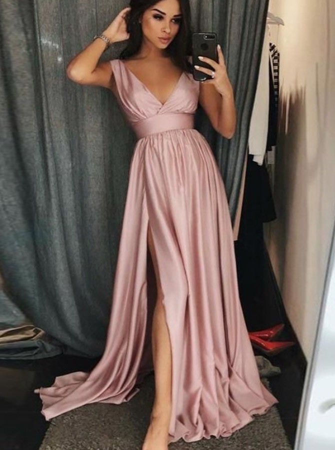 Charming Pink V-neck Sleeveless A-line Prom Dresses with Slit