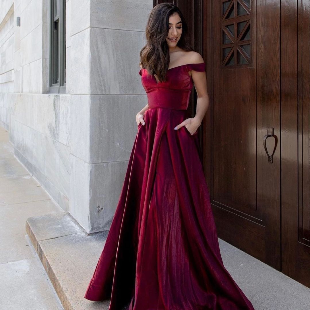 Long A-line Off the Shoulder Backless Ruffles Velvet Formal Dress With Pockets