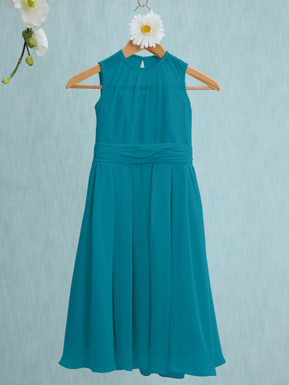 Sky Blue Long A-line Jewel Neck Knee Length Chiffon Junior Bridesmaid Dress