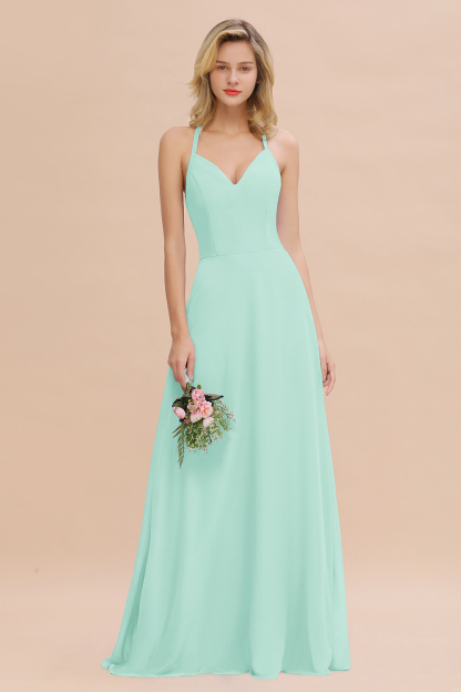 Stylish Chiffon Spaghetti Straps Sleeveless Long Bridesmaid Dress