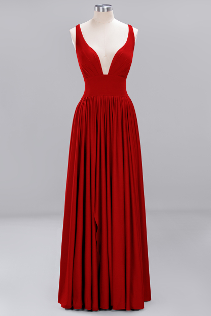 A-Line V-Neck Sleeveless Long Ruffles Bridesmaid Dress