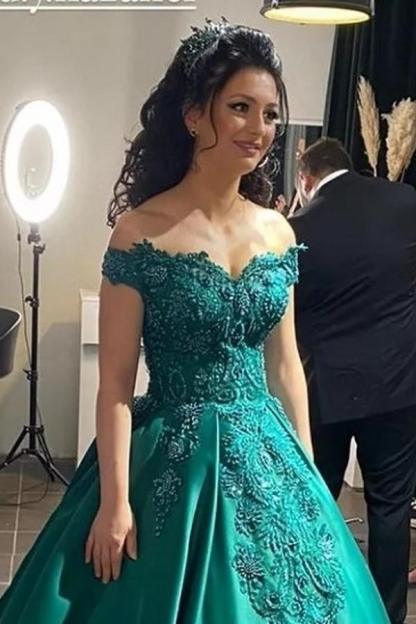 Long A-line Off the Shoulder Satin Floor length Prom Dresses