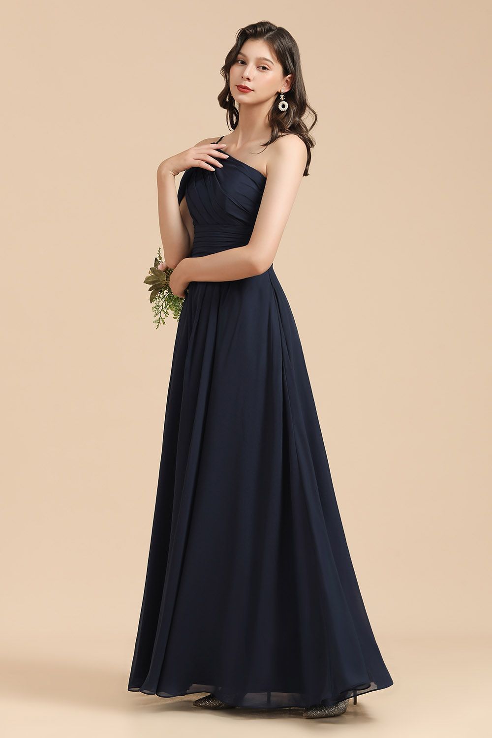 Long A-line Chiffon One Shoulder Bridesmaid Dress Dark Navy Wedding Party Dresses
