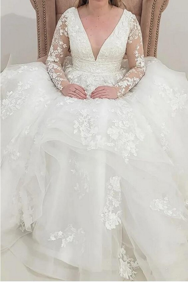 Modest Long A-line V-neck Tulle Lace Wedding Dresses with Sleeves