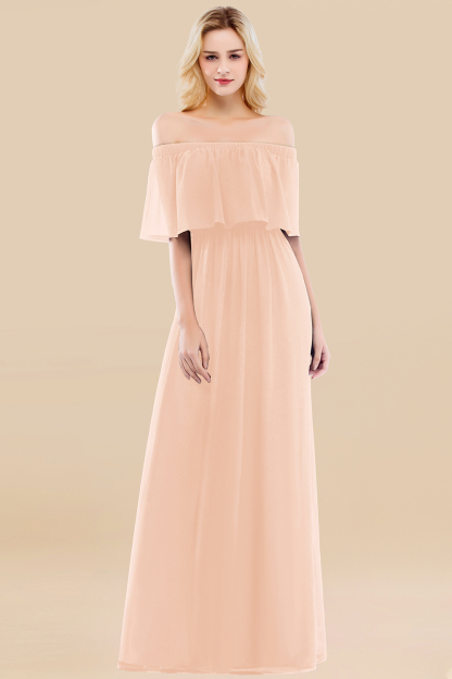 A-line Chiffon Off-the-Shoulder Short-Sleeves Ruffles Floor-length Bridesmaid Dress
