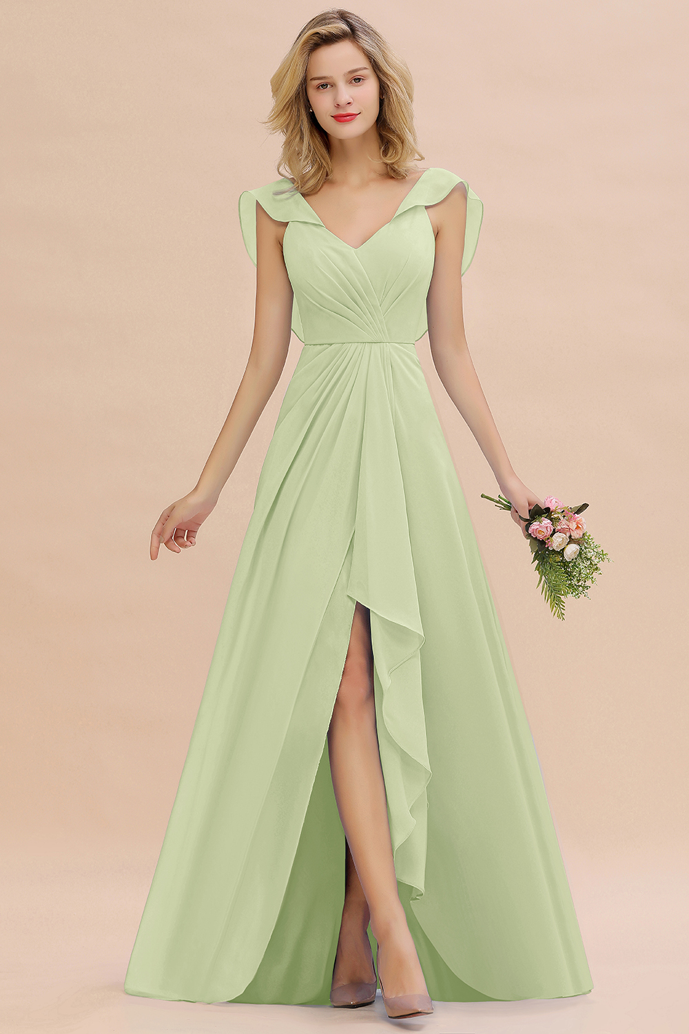 BM0777 Simple Hi-Lo V-Neck Ruffles Long Bridesmaid Dress