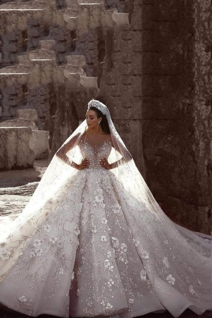 Luxury Tulle Beaded Long Sleeves Lace Ball Gown Wedding Dress