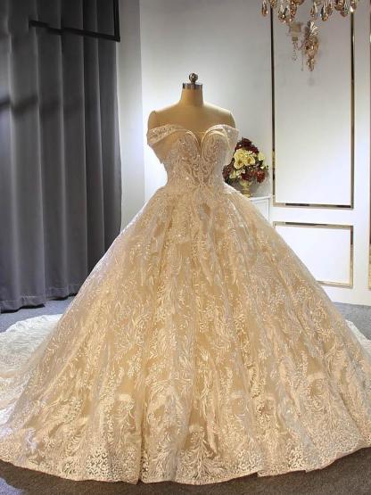 Elegant Long Off the shoulder Lace-Up Ball Gown Wedding Dresses with Train