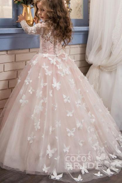 White Scoop Neck Long Sleeves Ball Gown Flower Girls Dress