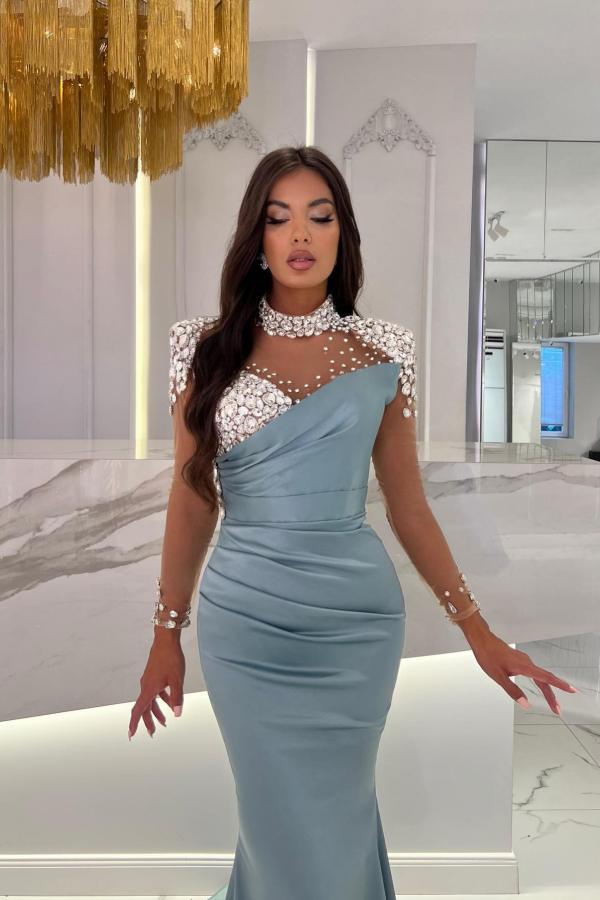Long Mermaid High Neck Satin Beaded Court Train Formal Prom Dresses with Sleeves