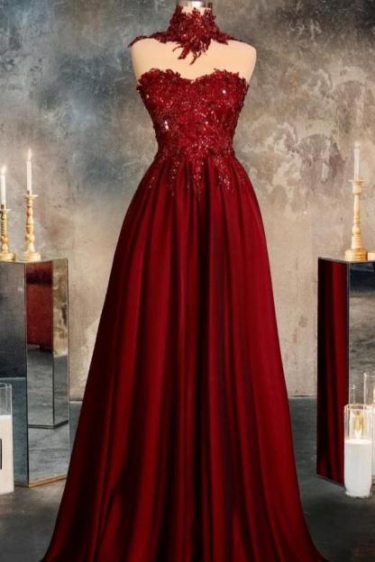 Vintage Red A-Line Sweetheart Crystal Floor-length Ruffles Prom Dress