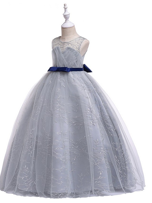 Princess Round Floor Length Cotton Junior Bridesmaid Dress With Bow(S) / Embroidery