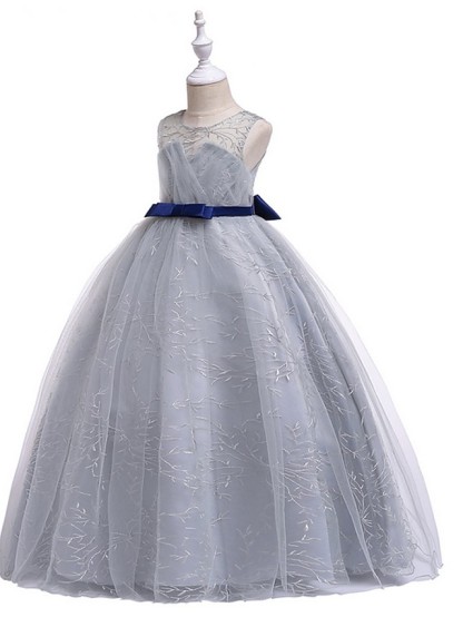 Princess Round Floor Length Cotton Junior Bridesmaid Dress With Bow(S) / Embroidery