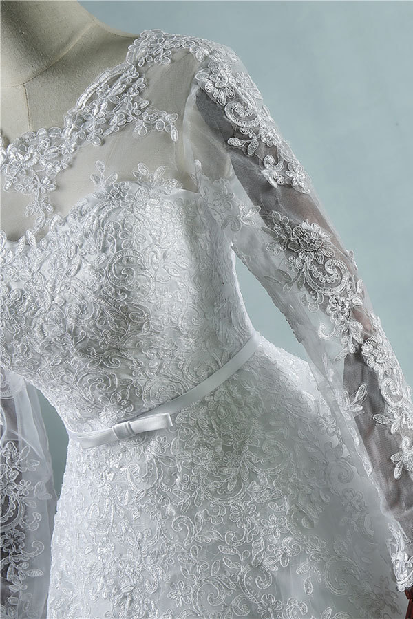 Long Sleeve Appliques Lace Tulle A-line Wedding Dress