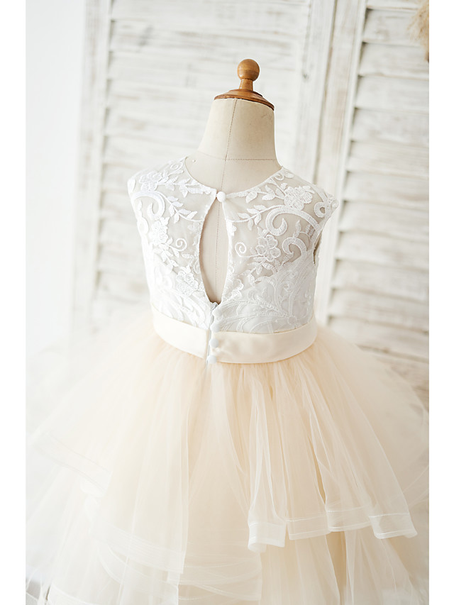 Short Ball Gown Sleeveless Jewel Neck Knee Length Birthday Flower Girl Dresses