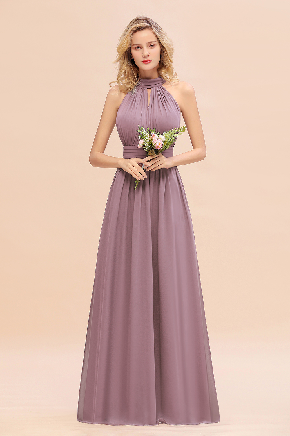 BM0758 Glamorous High-Neck Halter Bridesmaid Affordable Dresses with Ruffle