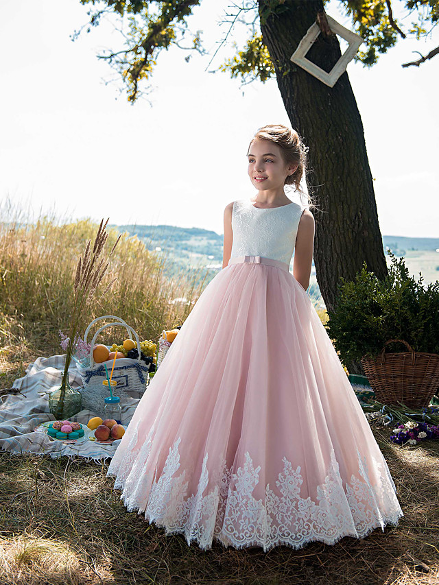 Long A-line Tulle Lace Sleeveless Jewel Neck Birthday Party Girl Dresses