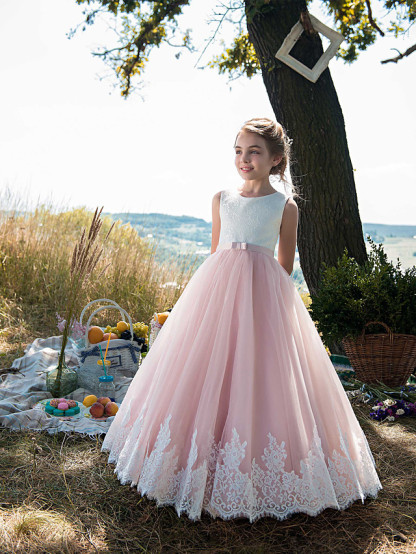 Long A-line Tulle Lace Sleeveless Jewel Neck Birthday Party Girl Dresses