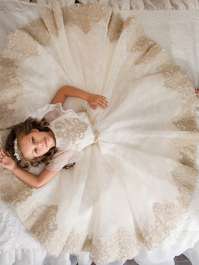 Ball Gown Floor Length Wedding / Birthday / Pageant Flower Girl Dresses - Lace / Tulle / Cotton Short Sleeve Jewel Neck With Lace / Beading / Embroidery