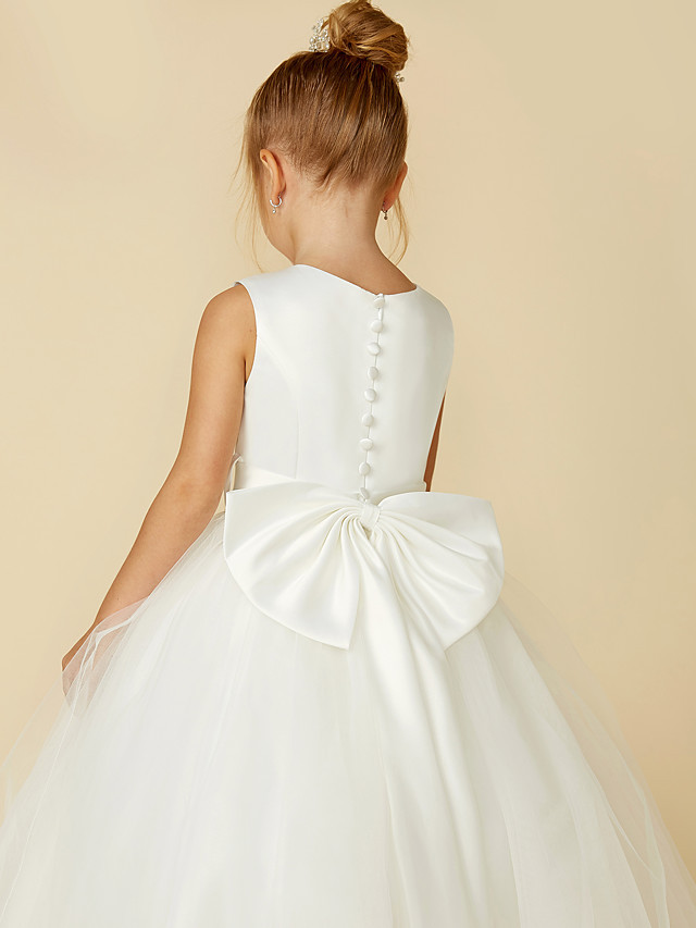 A-Line Floor Length Wedding / First Communion Flower Girl Dresses - Satin / Tulle Sleeveless Jewel Neck With Bow(S) / Buttons