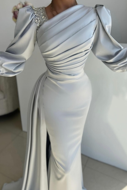 Long Sleeves Mermaid Floor Length Satin Prom Dress with Slit