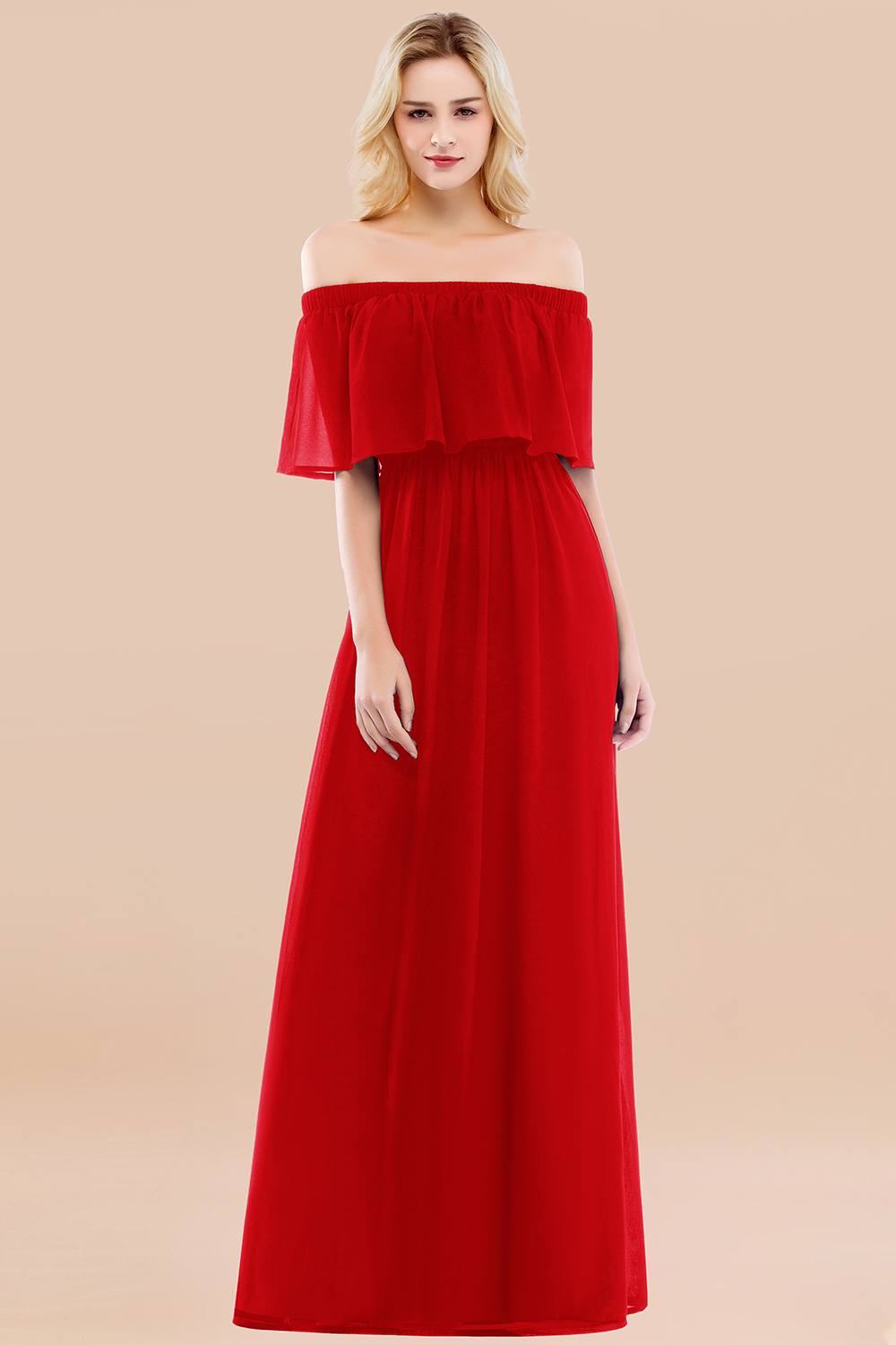 A-line Chiffon Off-the-Shoulder Short-Sleeves Ruffles Floor-length Bridesmaid Dress