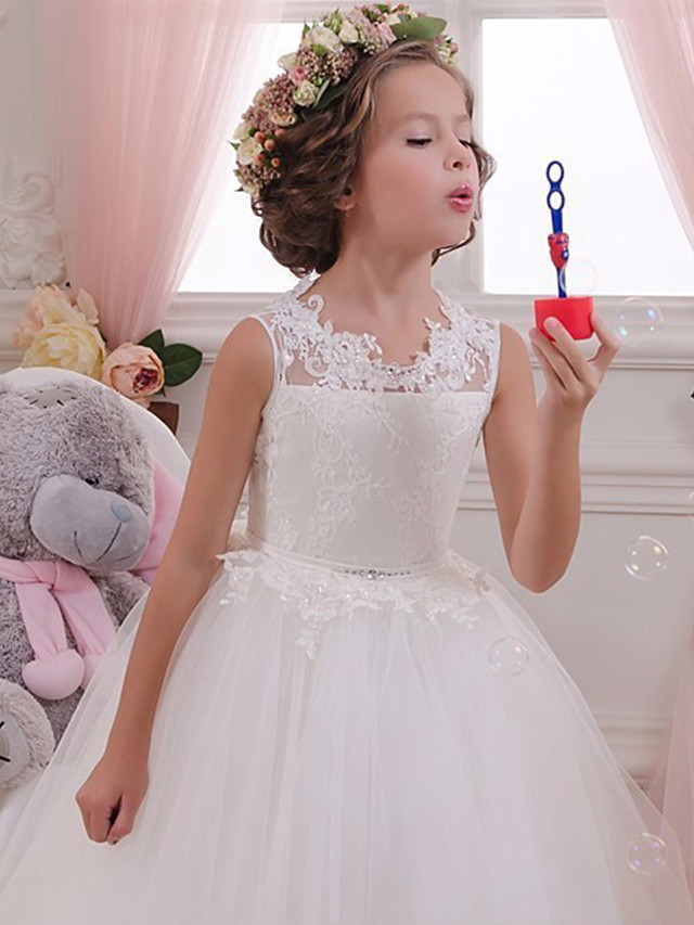 Long Ball Gown White Tulle Lace First Communion Flower Girl Dresses